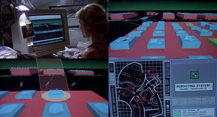 Four frames of fsn from the film: blue pedestals on a red plain, labeled with directory names, and the camera flying over them